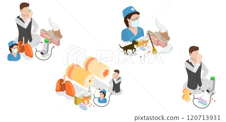 3D Isometric Flat  Illustration of Bronchial Asthma, Inhalation Medicine 120713931