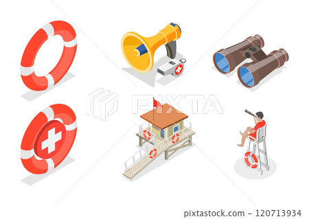 3D Isometric Flat  Set of Beach Lifeguard Equipment Elements, Water Rescue 120713934