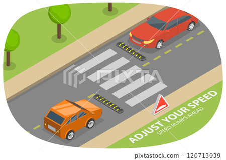 3D Isometric Flat  Illustration of Safety Car Driving Rules, Speed Bump Ahead Warning Sign 120713939