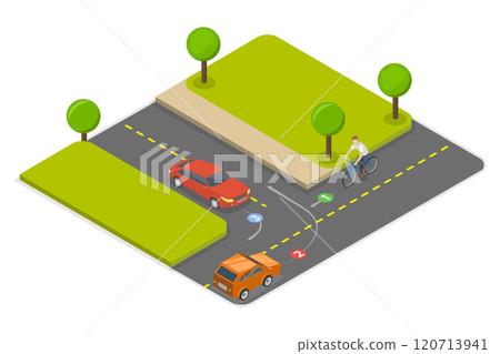3D Isometric Flat  Illustration of Giving a Way to an Oncoming Cyclist, Traffic Regulation Rules And Tips 120713941