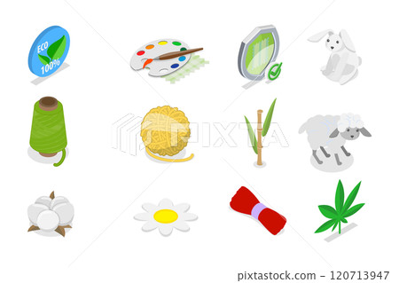3D Isometric Flat Set of Eco Fabric Material, Different Types or Product 3D Isometric Flat Set of Eco Fabric Material, Different Types or Product 120713947