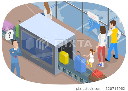 3D Isometric Flat  Illustration of Baggage Suitcases Scanning, Luggage Claim Carousel at the Airport 120713962