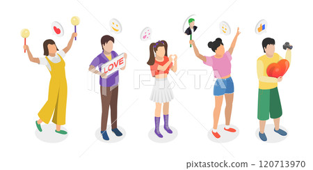 3D Isometric Flat Illustration of K Pop Music Fans, Supporters displaying placards at event. 3D Isometric Flat Illustration of K Pop Music Fans, Supporters displaying placards at event. 120713970