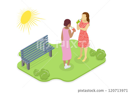 3D Isometric Flat  Illustration of Summertime, Young Women Delights in Summer Sipping Cold Refreshing Drink While Walking in Park 120713971