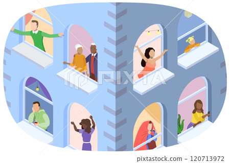 3D Isometric Flat Illustration of House Windows With People , Good neighborhood 3D Isometric Flat Illustration of House Windows With People , Good neighborhood 120713972