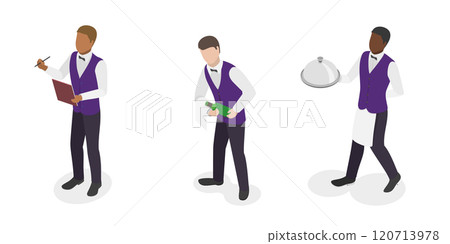 3D Isometric Flat Illustration of Restaurant Waiter, Taking a order, Delivering food in a restaurant. 3D Isometric Flat Illustration of Restaurant Waiter, Taking a order, Delivering food in a restaurant. 120713978