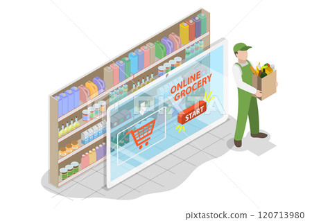 3D Isometric Flat Illustration of Online Grocery Store, Supermarket Shopping 3D Isometric Flat Illustration of Online Grocery Store, Supermarket Shopping 120713980