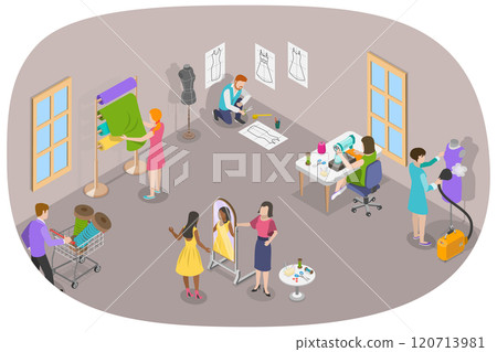 3D Isometric Flat Illustration of Fashion Atelier Workers, Interior of Dressmaking Workshop 3D Isometric Flat Illustration of Fashion Atelier Workers, Interior of Dressmaking Workshop 120713981