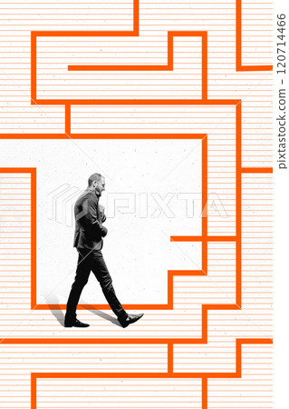 Symbolic representation of navigating mental challenges, man walking through abstract orange maze design. Conceptual design. 120714466