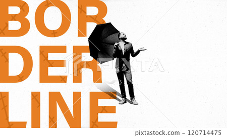 Conceptual art for borderline personality disorder, featuring man holding umbrella against bold orange typography. Conceptual design. Conceptual art for borderline personality disorder, featuring man holding umbrella against bold orange typography. Conceptual design. 120714475
