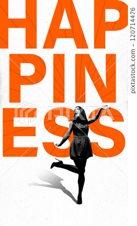 Woman dancing joyfully beneath large orange typography, representing happiness and mental well-being. Conceptual design. Woman dancing joyfully beneath large orange typography, representing happiness and mental well-being. Conceptual design. 120714476
