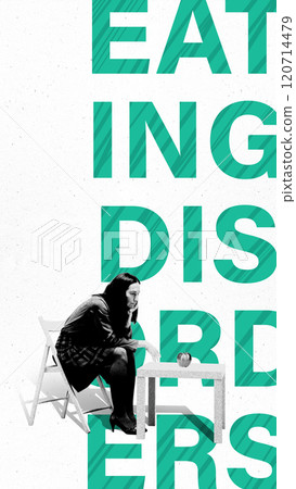 Impactful representation of eating disorders featuring woman sitting pensively with apple on table, framed by green typography. Conceptual design. 120714479
