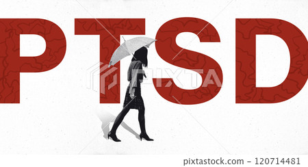Striking visual of PTSD awareness, featuring woman walking with umbrella in front of bold red letters on white background. Conceptual design. 120714481