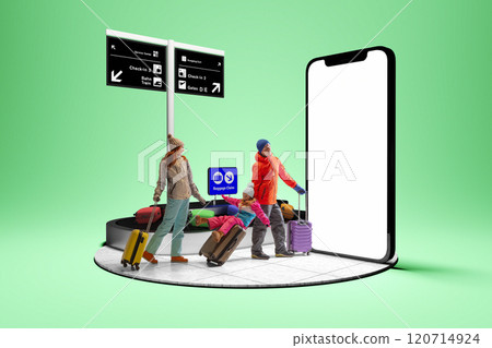 Happy young family, woman, man and child, wearing winter warm clothes, carrying luggage towards 3D model of smartphone with blank screen Happy young family, woman, man and child, wearing winter warm clothes, carrying luggage towards 3D model of smartphone with blank screen 120714924