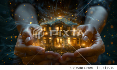 Woman with Palms Up Holding an Ethereal Holographic New House In The Palms Of Her Hands Generative AI. 120714950
