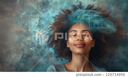 Smiling Young African American Woman Daydreaming With Her Eyes Closed Visualizing A New House. Generative AI. 120714956