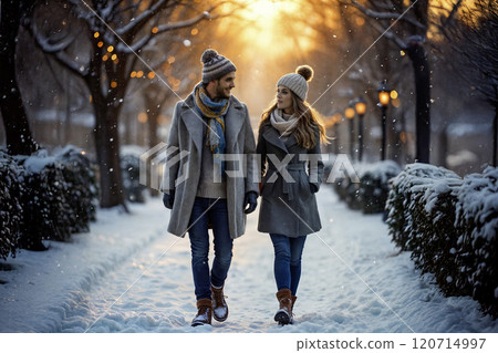 Romantic couple walking in snowy park at sunset 120714997