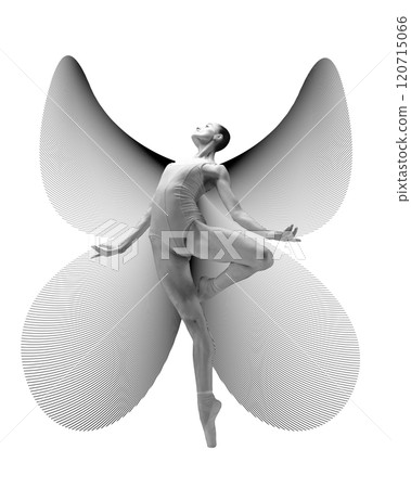 Cotemporary art collage. Ballet dancer leaping through minimalist geometric design, blending movement with abstract art elements. Cotemporary art collage. Ballet dancer leaping through minimalist geometric design, blending movement with abstract art elements. 120715066