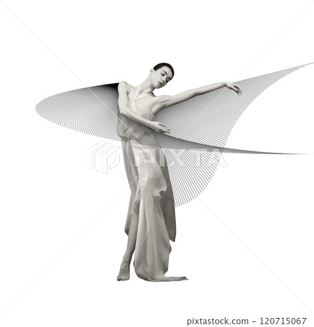 Cotemporary art collage. Dancer in serene pose encircled by abstract geometric lines, emphasizing balance and fluidity in art and movement. 120715067