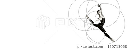 Cotemporary art collage. Ballerina performing graceful arabesque within geometric framework, highlighting connection between balance and beauty. 120715068