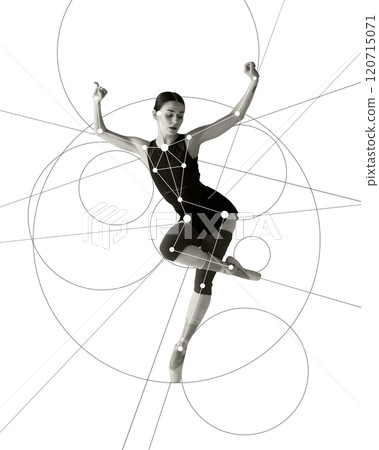 Cotemporary art collage. Ballet dancer in motion with geometric patterns highlighting precision and symmetry. Fusion of classic dance and abstract art. 120715071