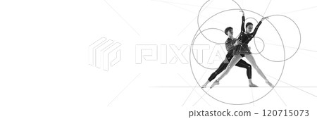 Banner. Cotemporary art collage. Two ballet dancers create synchronized pose within geometric framework, symbolizing balance and partnership in motion. 120715073