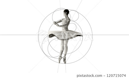 Cotemporary art collage. Ballerina in tutu faces away, her pose complemented by geometric circles and lines, blending elegance and modern art. Cotemporary art collage. Ballerina in tutu faces away, her pose complemented by geometric circles and lines, blending elegance and modern art. 120715074
