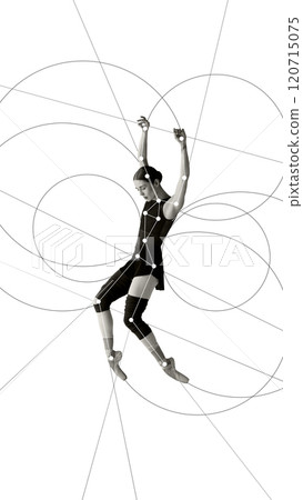 Cotemporary art collage. Ballerina in black strikes suspended pose framed by geometric circles and dynamic lines, highlighting athleticism and artistry. 120715075