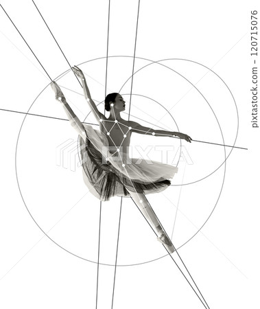Cotemporary art collage. Ballerina extends into high arabesque pose surrounded by circular geometric patterns, representing motion and precision. 120715076