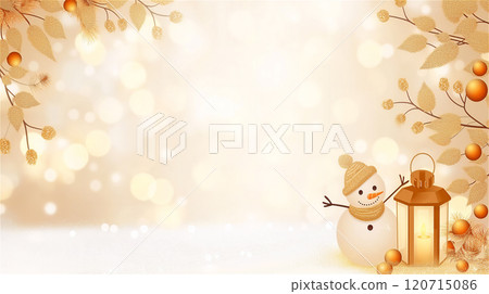 A snowman sits by a lantern on a Christmas background 120715086