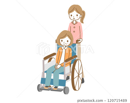 Illustration of a woman in a wheelchair and a woman assisting her Illustration of a woman in a wheelchair and a woman assisting her 120715489