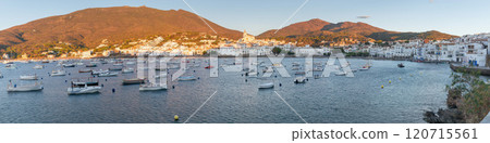 Panoramic view of Cadaques and the bay at sunrise, Catalonia, Spain 120715561