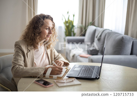 Modern business woman working online use laptop making notes e learning distance education at home 120715733