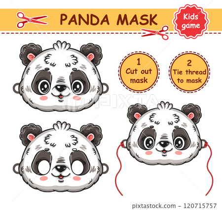 Cute panda bear Christmas carnival face mask. Chinese wild black and white animal character portrait. Children paper game. New Year Xmas holiday party masquerade costume. Kid book page. Vector 120715757
