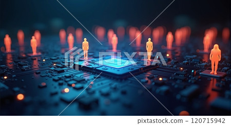 People on a circuit board,digital dependents who rely heavily on digital technologies and the internet in their lives 120715942