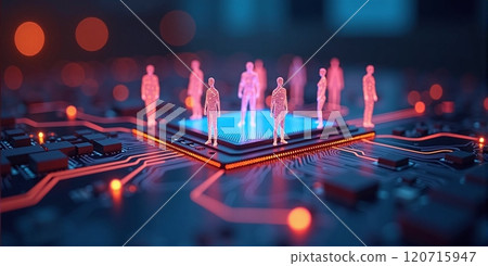 People on a circuit board,digital dependents who rely heavily on digital technologies and the internet in their lives 120715947