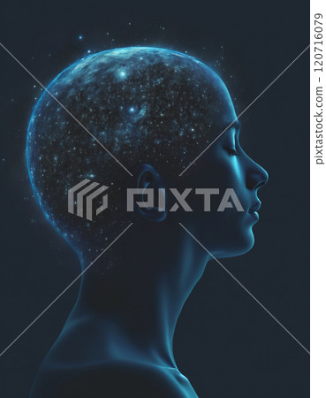 Conceptual depiction of a person absorbed in himself, reflecting with his thoughts on the origin of life in the universe, the meaning of its existence and the past and future 120716079