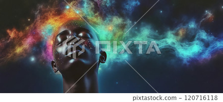 Conceptual depiction of a person absorbed in himself, reflecting with his thoughts on the origin of life in the universe, the meaning of its existence and the past and future 120716118