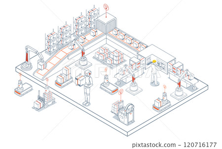 Automated warehouse logistics utilizing AGVs and AMRs for efficient robotic material handling, transportation, and comprehensive cargo management services. Vector illustration EPS 10 Automated warehouse logistics utilizing AGVs and AMRs for efficient robotic material handling, transportation, and comprehensive cargo management services. Vector illustration EPS 10 120716177