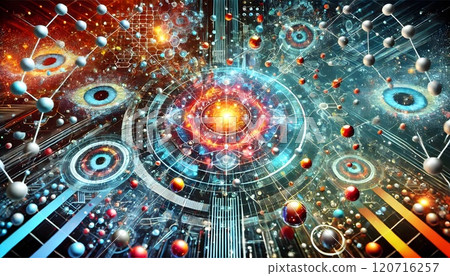 An abstract illustration representing futuristic technology and artificial intelligence, featuring glowing circuits, holographic elements, and vibrant gradients in blue, gold, and silver tones. A seam 120716257