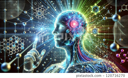 An abstract illustration representing futuristic technology and artificial intelligence, featuring glowing circuits, holographic elements, and vibrant gradients in blue, gold, and silver tones. A seam 120716270