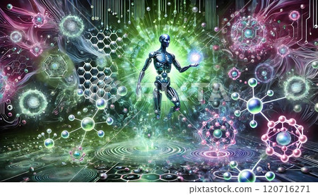 An abstract illustration representing futuristic technology and artificial intelligence, featuring glowing circuits, holographic elements, and vibrant gradients in blue, gold, and silver tones. A seam 120716271