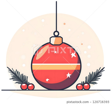 Festive Red Christmas Ornament with Stars and Pine Accents_Transparent 120716393