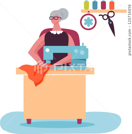 Elderly craftswoman working on a sewing project, using a sewing machine and colorful threads, demonstrating expertise and passion for dressmaking 120716856