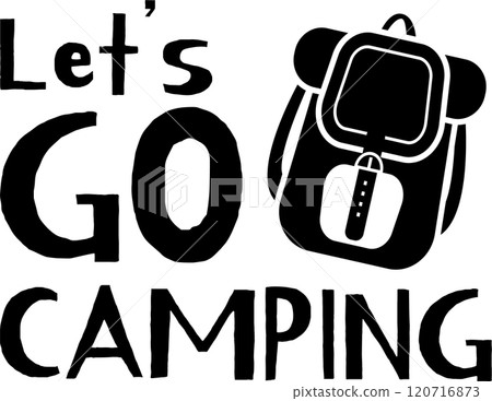 Black and white camping invitation featuring the phrase let s go camping and a simple backpack icon, promoting outdoor recreation and adventure 120716873