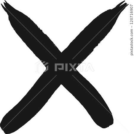 Two bold, black brushstrokes intersect to create a prominent x against a clean white backdrop, conveying a sense of rejection, cancellation, or marking Two bold, black brushstrokes intersect to create a prominent x against a clean white backdrop, conveying a sense of rejection, cancellation, or marking 120716907