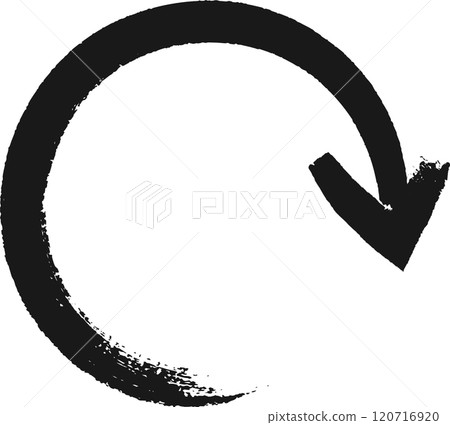 Hand drawn black circular arrow points downwards in a continuous loop, symbolizing cyclical processes and infinite flow on a white background 120716920