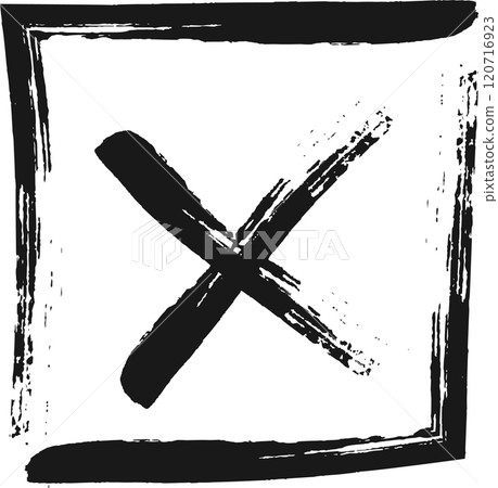 Black cross mark inside a square frame, symbolizing rejection, disapproval, or a negative response, created with rough brushstrokes conveying a sense of urgency or finality 120716923