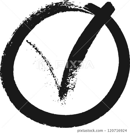 Hand drawn check mark in a circle radiates positivity, agreement, and success. The black and white design has a vintage charm, perfect for decisions and quality 120716924