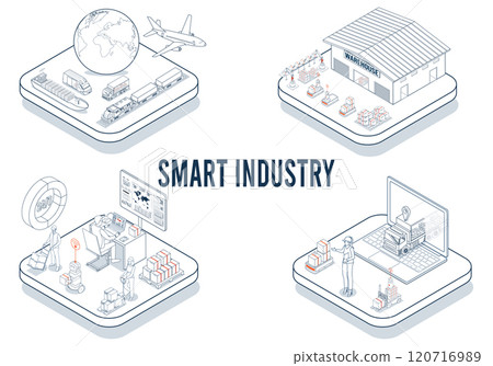 Smart Industry integrates IoT, cloud computing, AI, machine learning, and other digital technologies to revolutionize manufacturing. Vector illustration eps10 Smart Industry integrates IoT, cloud computing, AI, machine learning, and other digital technologies to revolutionize manufacturing. Vector illustration eps10 120716989